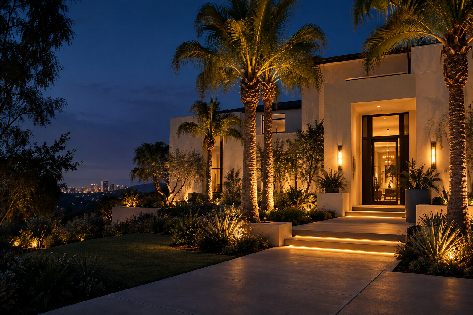Warm architectural and landscape lighting around a contemporary home at dusk